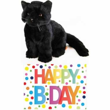 Cadeau setje pluche zwarte kat/poes knuffel happy birthday wenskaart