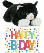 Cadeau setje pluche zwart witte kat poes knuffel happy birthday wenskaart 10250962